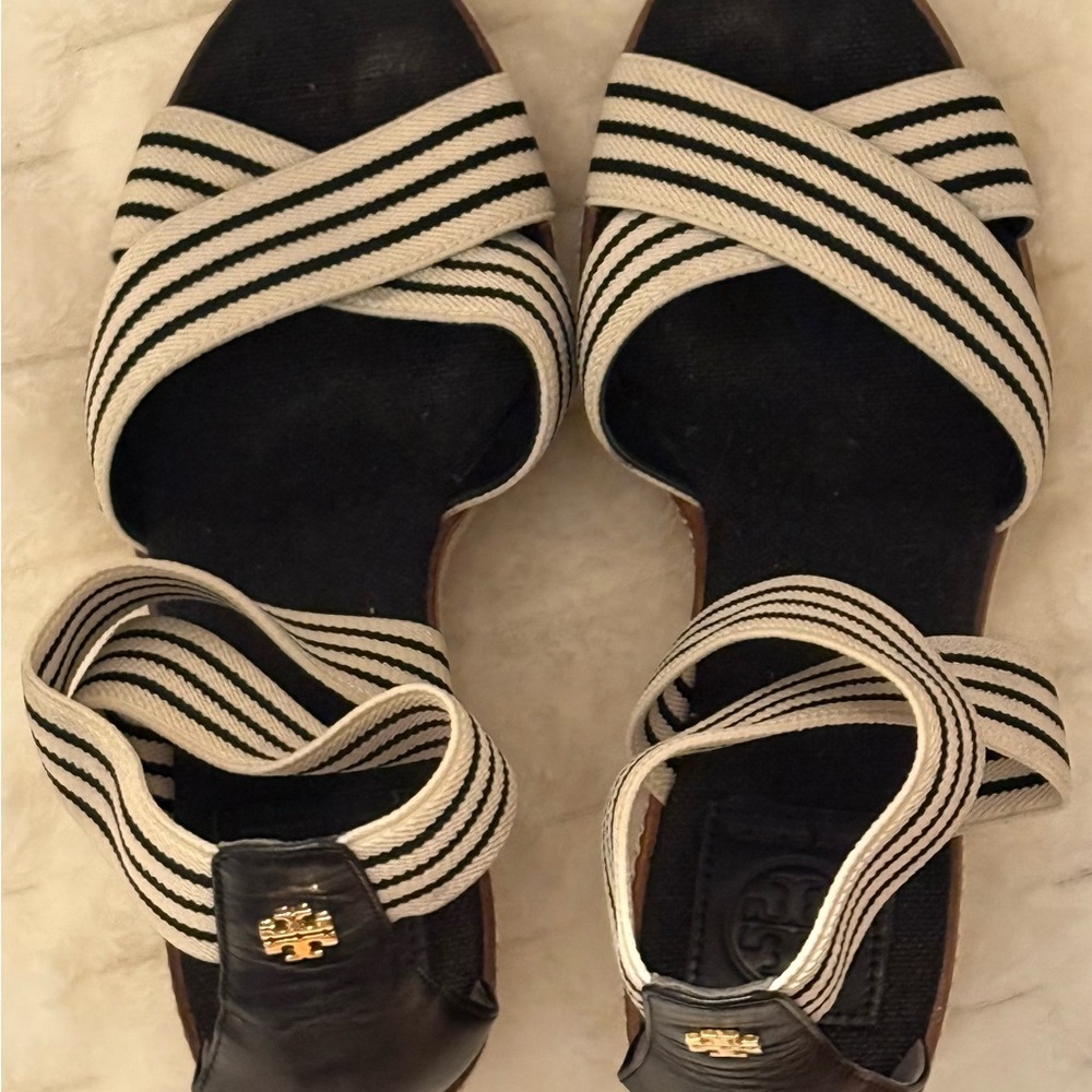 Tory Burch Frieda Platform Wedge Espadrille Sandals Women’s Sz 9.5 Black/Stripe - Picture 6 of 7